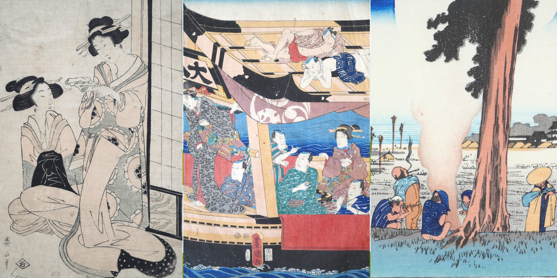 trois estampes ukiyo-e représentant le style bijin ga, le style fûzoku-ga et le style fûkei-ga