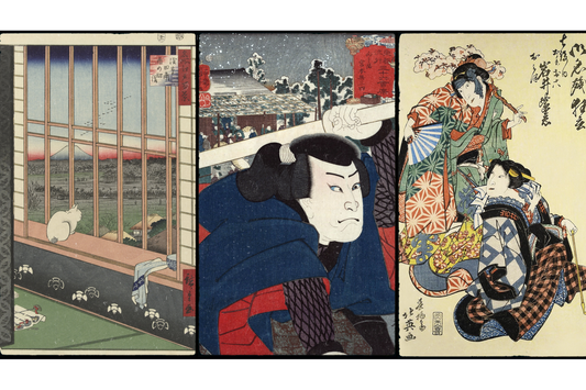 Montage de trois estampes japonaises ukiyo-e représentant un paysage avec Mont Fuji, un acteur de kabuki et une scène de bijin-ga avec des femmes en kimono
