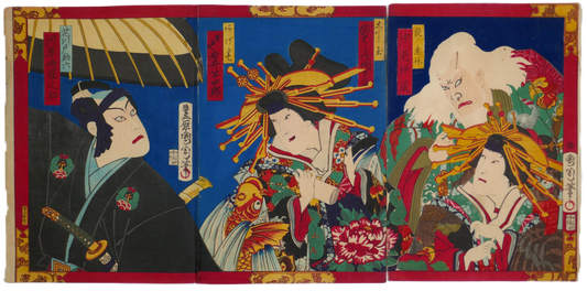 triptyque de Toyohara Kunichika représentant des acteurs d kabuki yakusha. Collection Kogedo