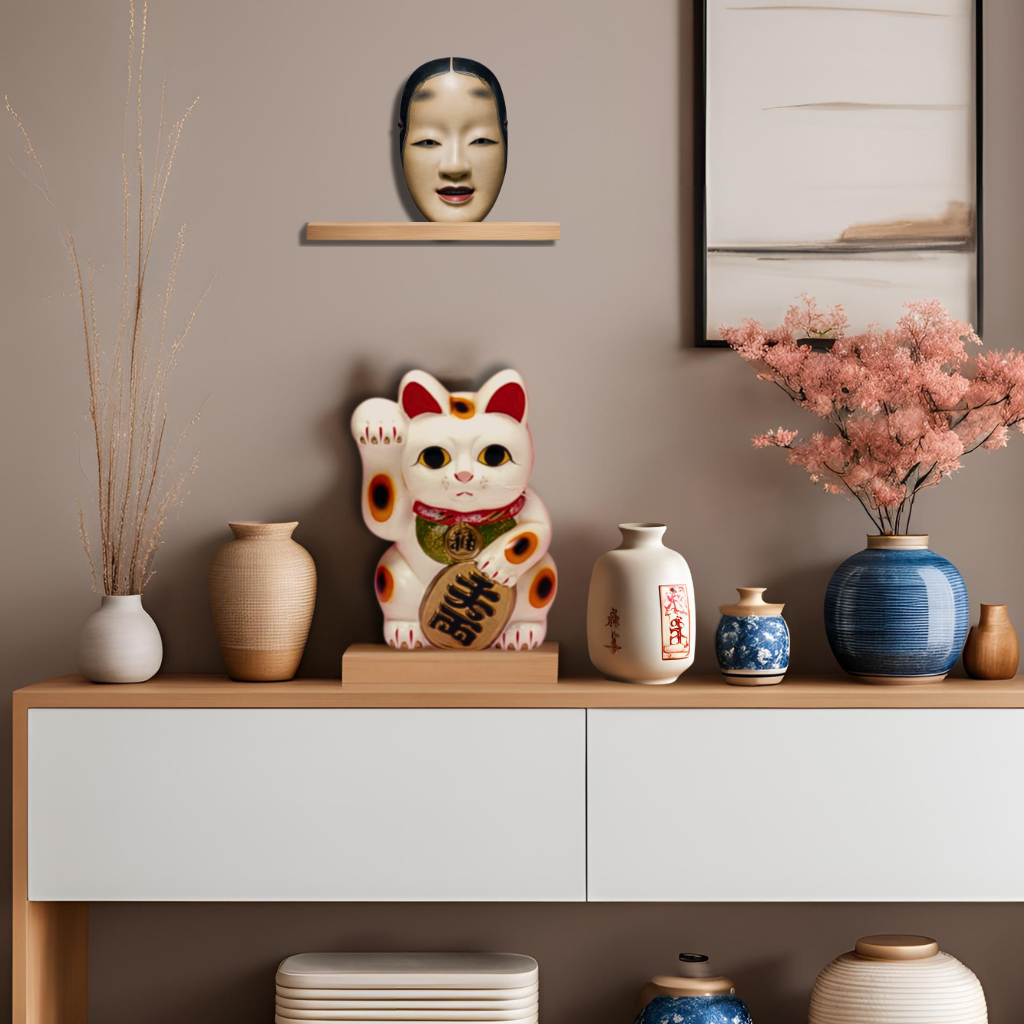 Ensemble d’objets décoratifs japonais exposés sur une étagère, incluant un maneki-neko en céramique, un masque Nô suspendu, des tokkuri et céramiques traditionnelles, créant une ambiance harmonieuse et raffinée.