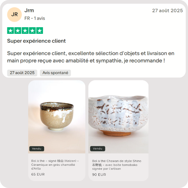 avis 5 étoiles trustpilot d'un client ayant acheté 2 chawan bols à thé japonais en céramique en aout 2025
