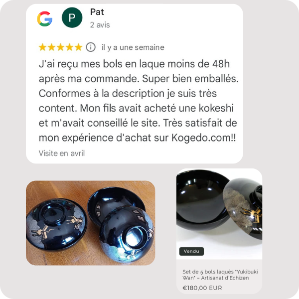 Avis google de Pat qui a achété un set de bols en laque d'Echizen
