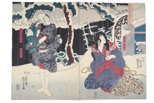 Estampe ukiyo-e signée Utagawa Kuniyoshi de style Yakusha-e représentant des acteurs de Kabuki editée par Wakasaya Uhei en 1851