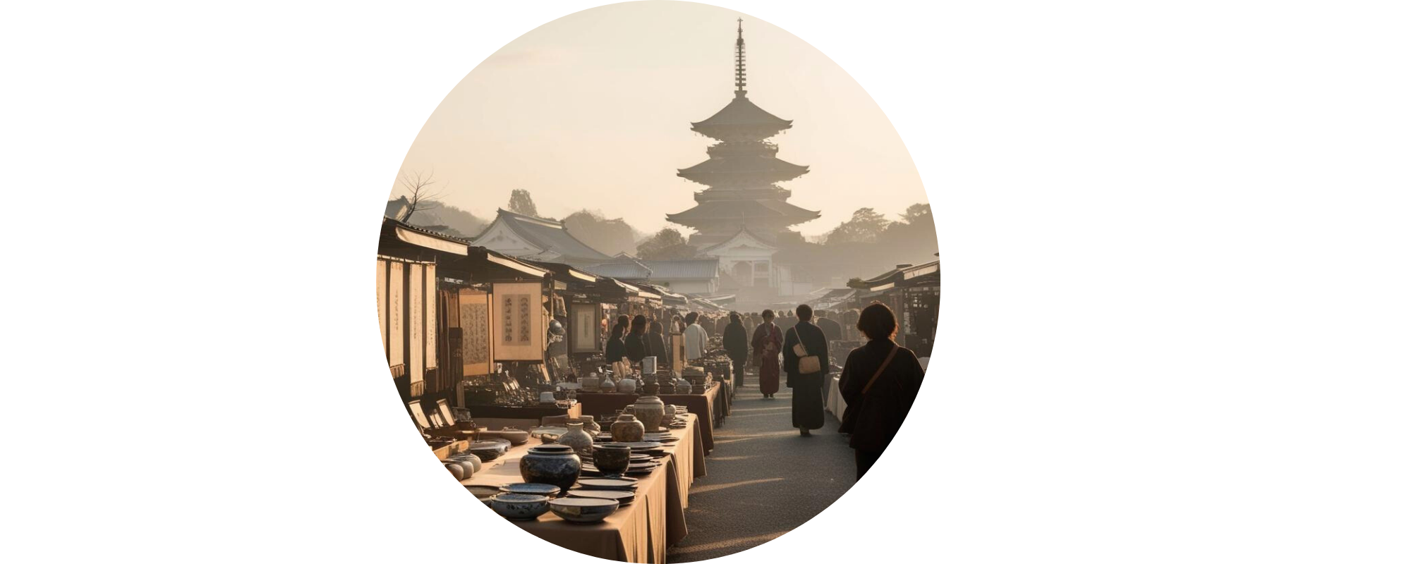 une brocante japonaise dans une rue allant vers un temple, il y a des stands vendant des antiquités artisanales japonaises