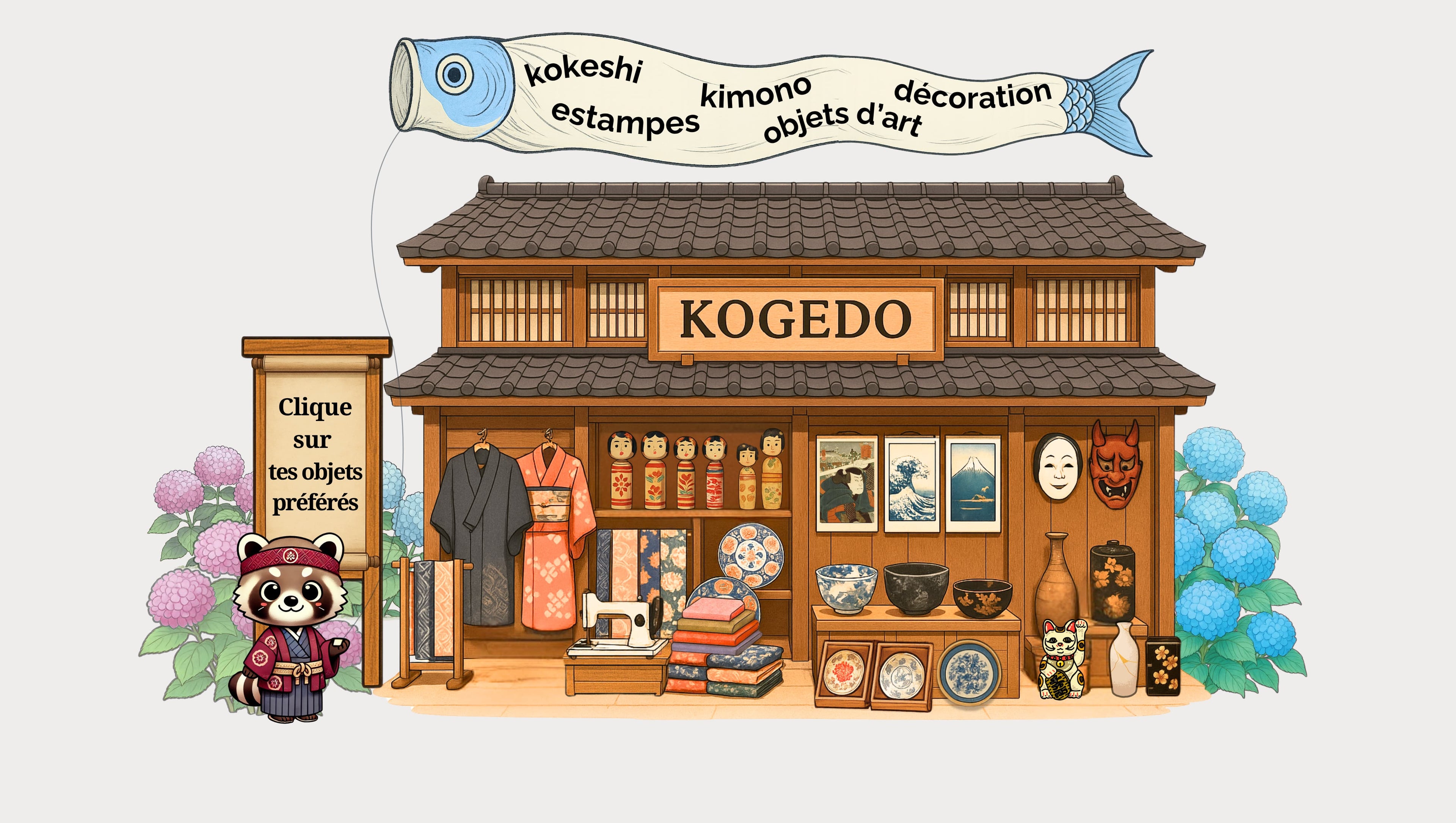 la brocante KOGEDO dans un stand traditionnel japonais avec des étalages contenant des maneki neko ceramique de la vaisselle japonaise des estampes japonaises authentiques 