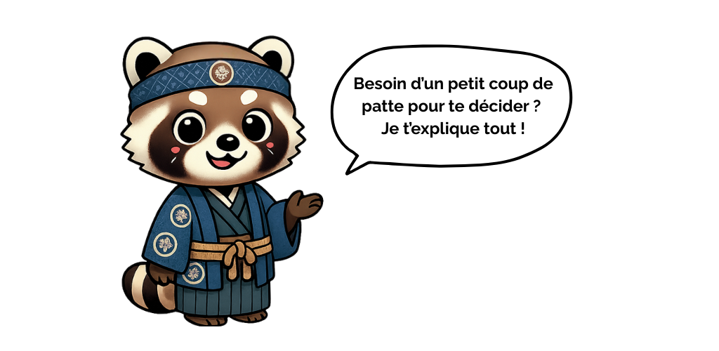 Kogechan, la mascotte tanuki de KOGEDO, en tenue traditionnelle japonaise violette, souriant et levant la patte pour accompagner la mini FAQ sur les produits artisanaux japonais.
