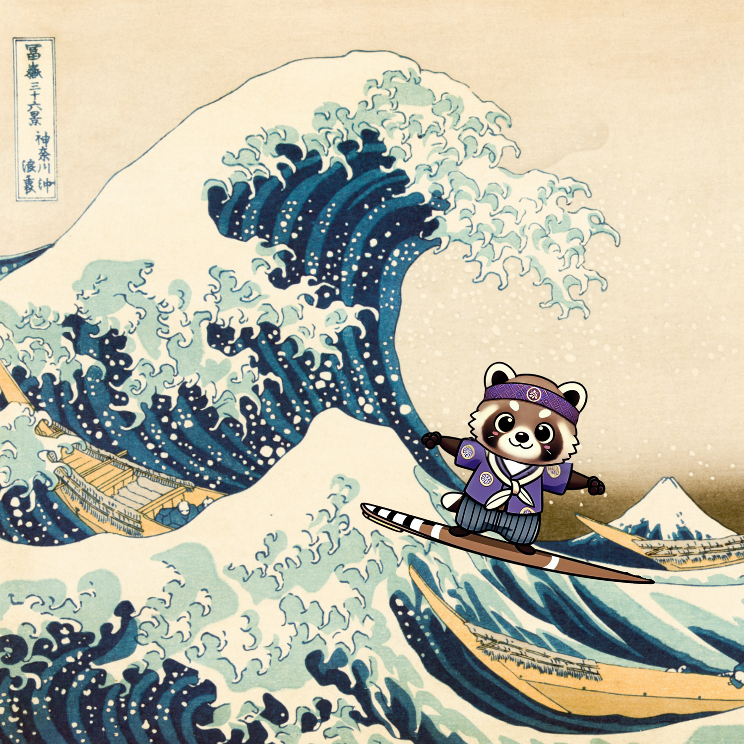 la mascotte KOGECHAN de la brocante japonaise KOGEDO en train de surfer la grande vague Kanagawa de HOKUSAI