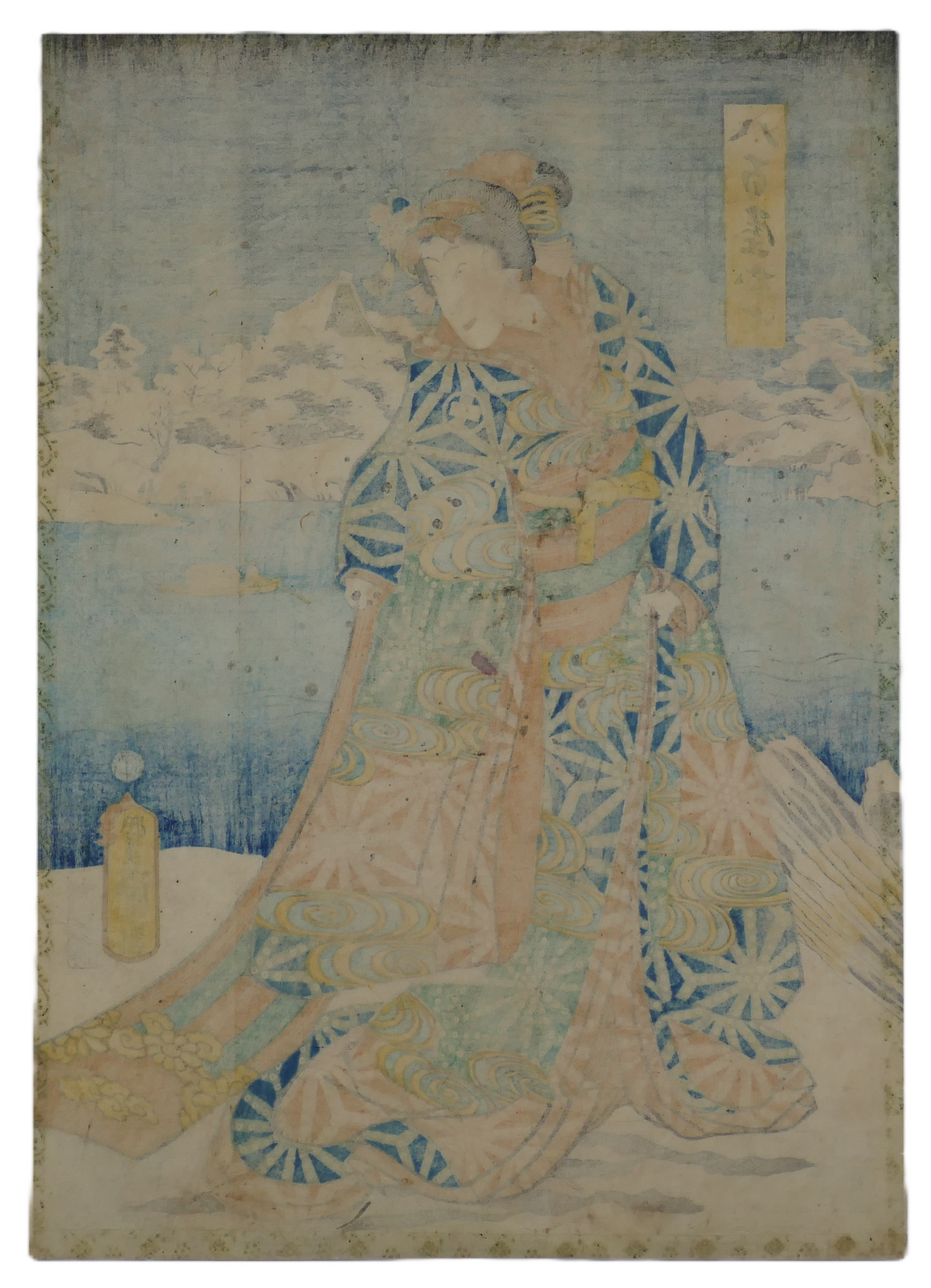 Estampe signée Toyokuni 3 de style Bijin-ga représentant Oshichi la marchande editée par Iseya Kanekichi en 1860. Vue arrière