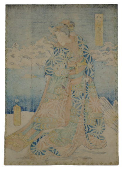 Estampe signée Toyokuni 3 de style Bijin-ga représentant Oshichi la marchande editée par Iseya Kanekichi en 1860. Vue arrière