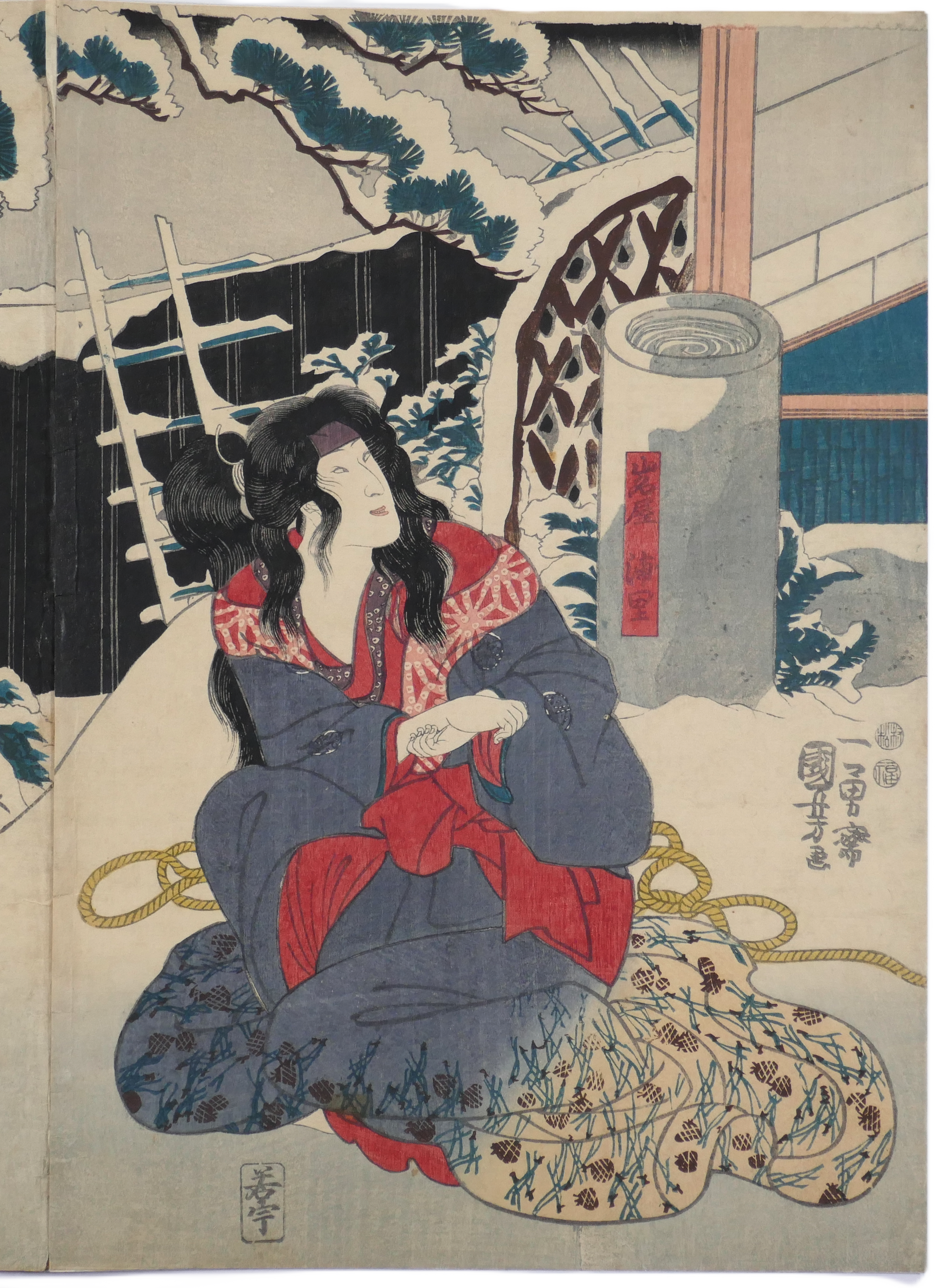Partie d'une estampe dyptique de style Yakusha-e de Utagawa Kuniyoshi illustrant les acteurs Yamanaya et Urasato