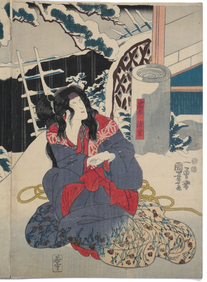Partie d'une estampe dyptique de style Yakusha-e de Utagawa Kuniyoshi illustrant les acteurs Yamanaya et Urasato