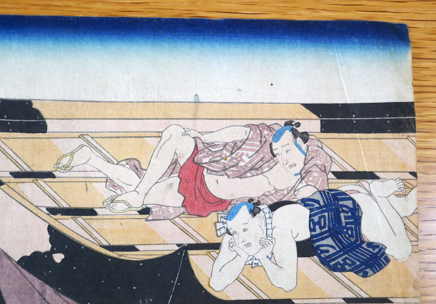 Acteurs de kabuki allongés sur le bateau Ôiri-maru, Japanese woodblock print Edo period par Utagawa Kunisada Toyokuni III