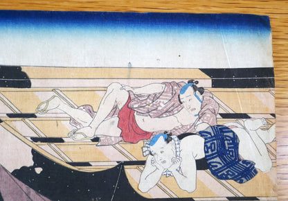 Acteurs de kabuki allongés sur le bateau Ôiri-maru, Japanese woodblock print Edo period par Utagawa Kunisada Toyokuni III