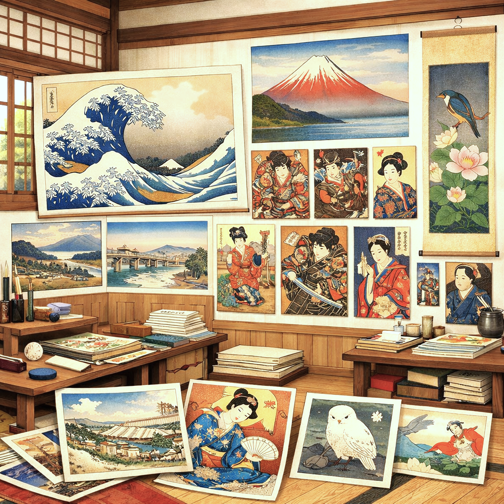 Estampe japonaise célèbre « La Grande Vague de Kanagawa » de Hokusai, représentant une immense vague déferlante menaçant des barques, avec le mont Fuji en arrière-plan.