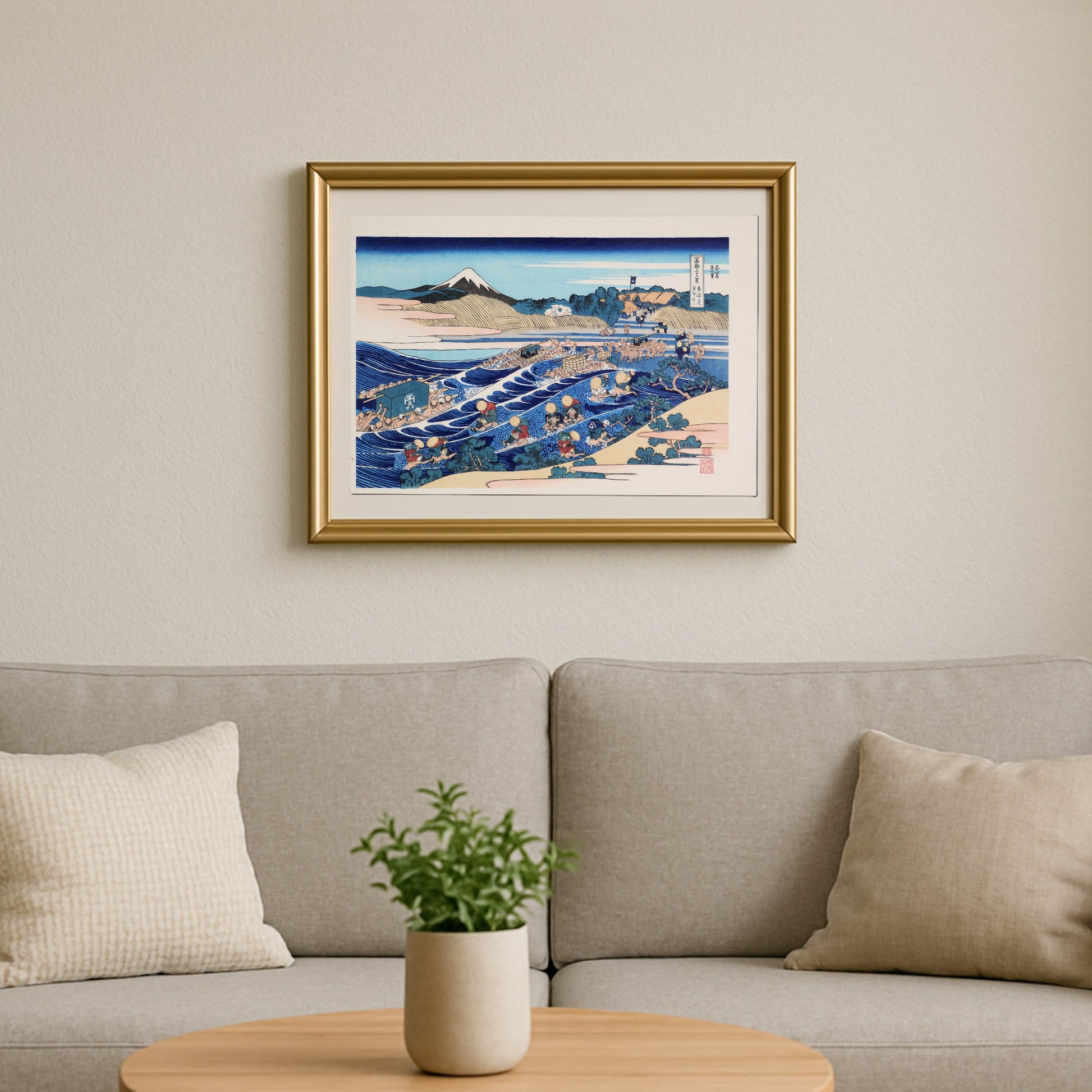 Authentique estampe japonaise Hokusai Fuji depuis Kanaya sur le Tōkaidō, présentée encadrée en décoration murale