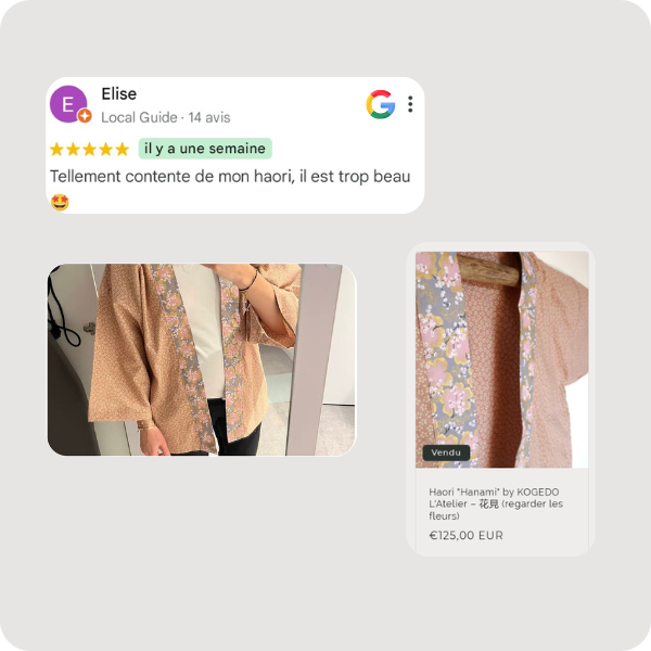 Avis google d'Elise qui a acheté un Haori Moderne by Kogedo l'Atelier