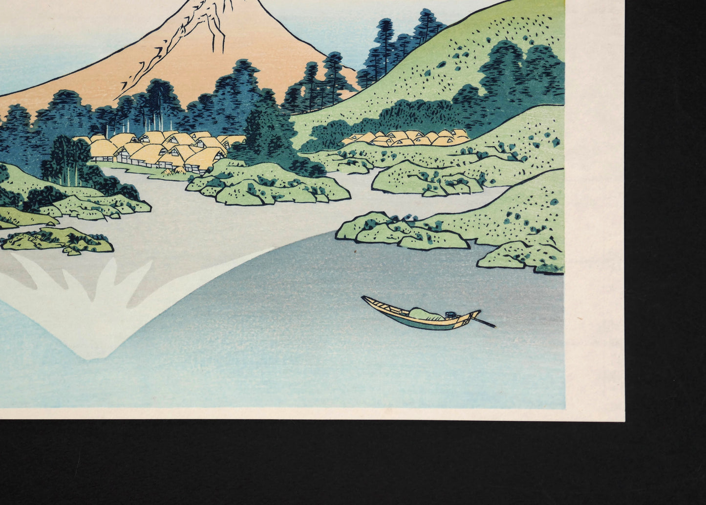 Barque solitaire sur le lac Kawaguchi dans une véritable estampe ukiyo-e de Hokusai, réédition japonaise Shōwa Yūyūdō.