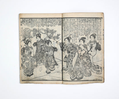 Femmes en kimono sous les fleurs de sakura dans Bijin-roku, estampe japonaise de livre illustré Edo, scène élégante de hanami.