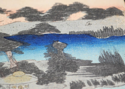 Bleu indigo du paysage aquatique, détail d’une estampe nishiki-e originale de Kunisada