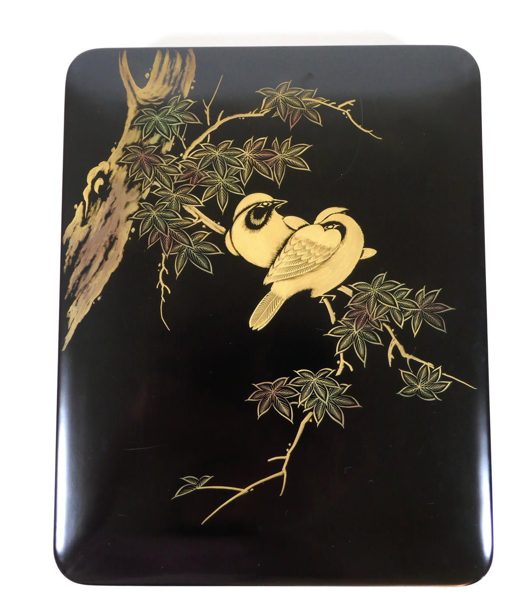 Boîte japonaise en laque Wajima – Décor d'oiseaux et érables – Époque Showa