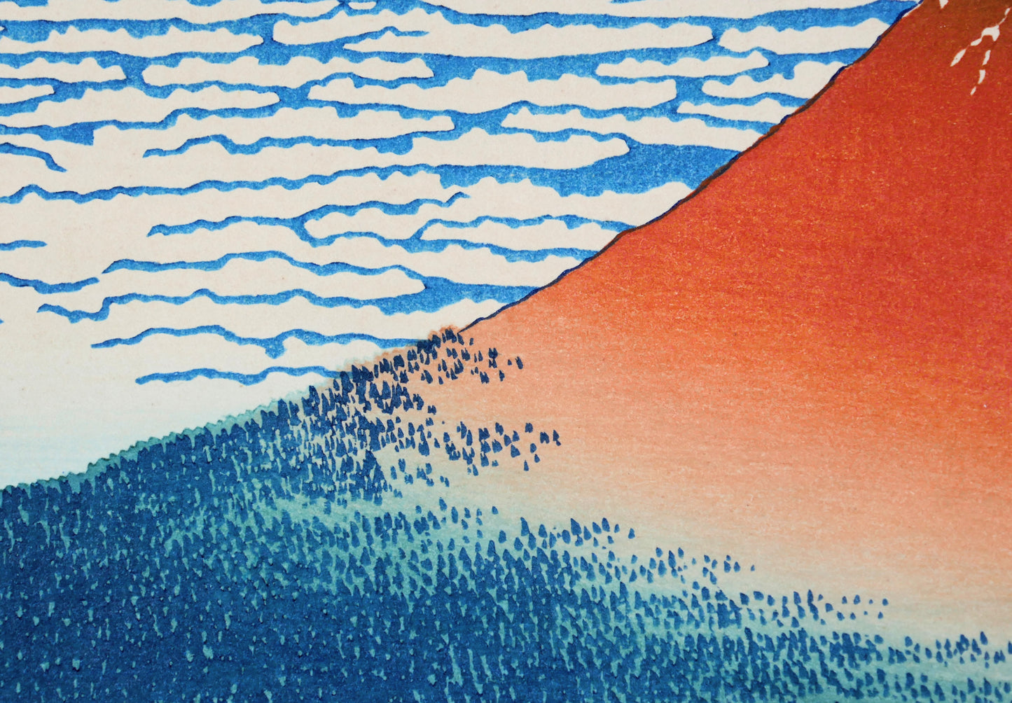 Dégradé bokashi et forêt au pied du mont Fuji dans Gaifū Kaisei de Hokusai.