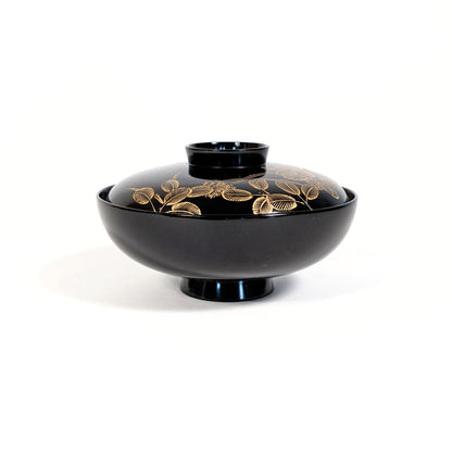 Bol japonais ancien en laque urushi noire Wajima-nuri, décor maki-e doré motif hagi, artisanat traditionnel époque Showa, antiquité japonaise.