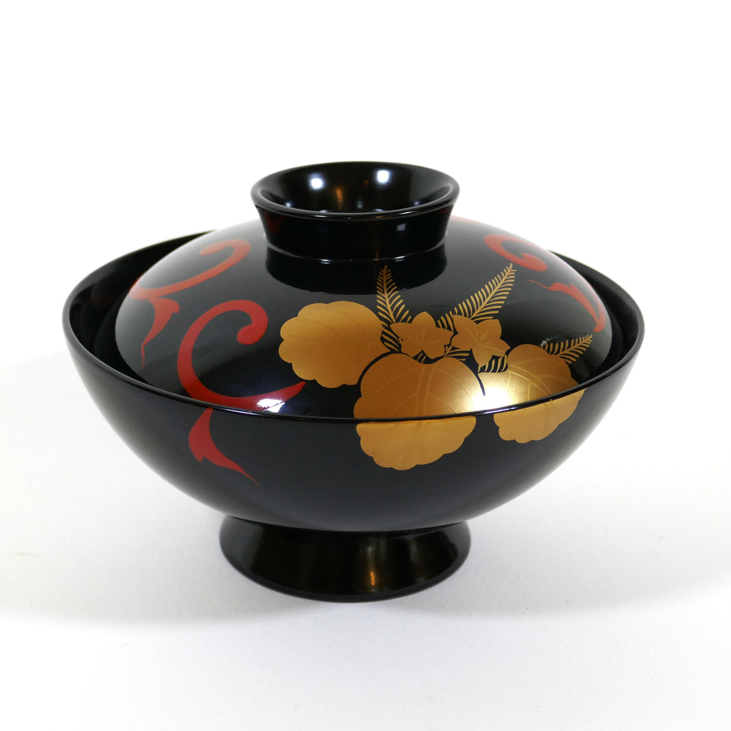 Bol couvert japonais Wajima-nuri en laque noire brillante, motif kiri doré et volutes rouges