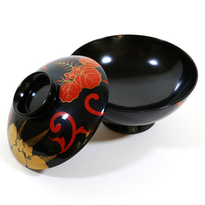 Bol japonais en laque noire avec couvercle séparé, décor rouge et or de paulownia