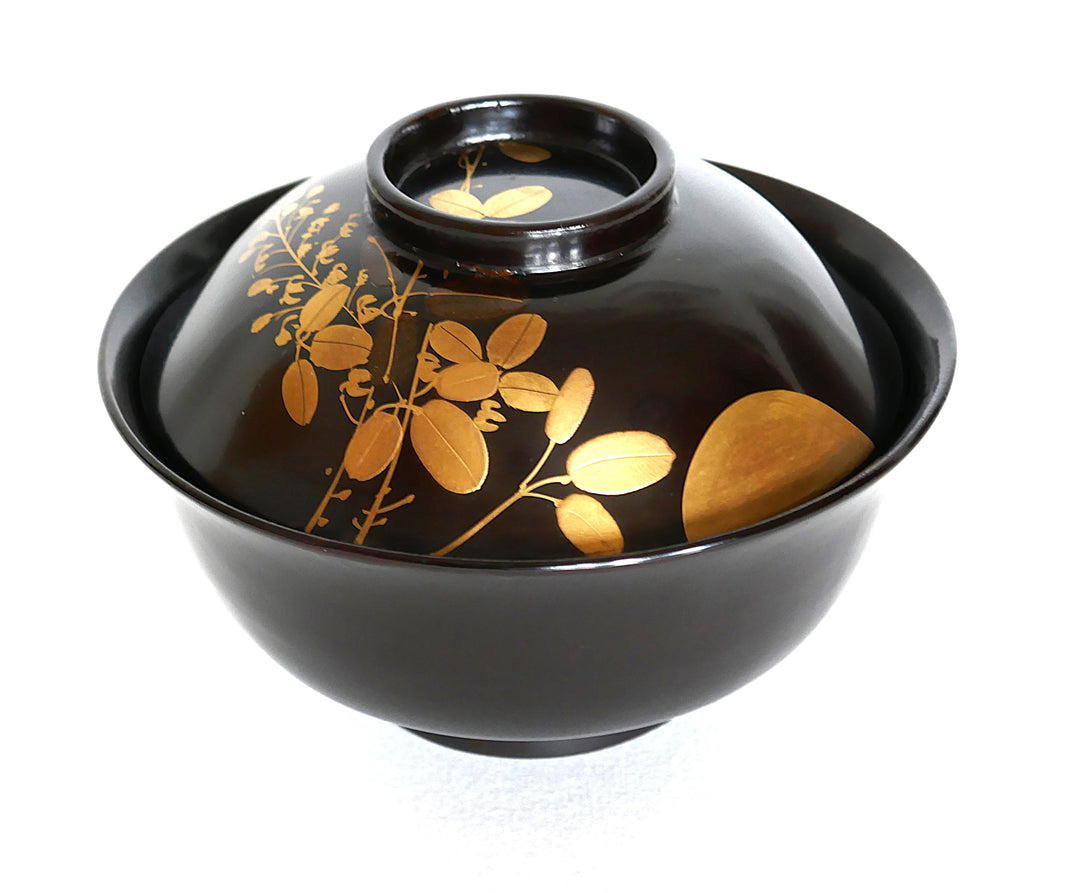 Bol vintage japonais fermé avec couvercle, décor de hagi doré, vue de côté