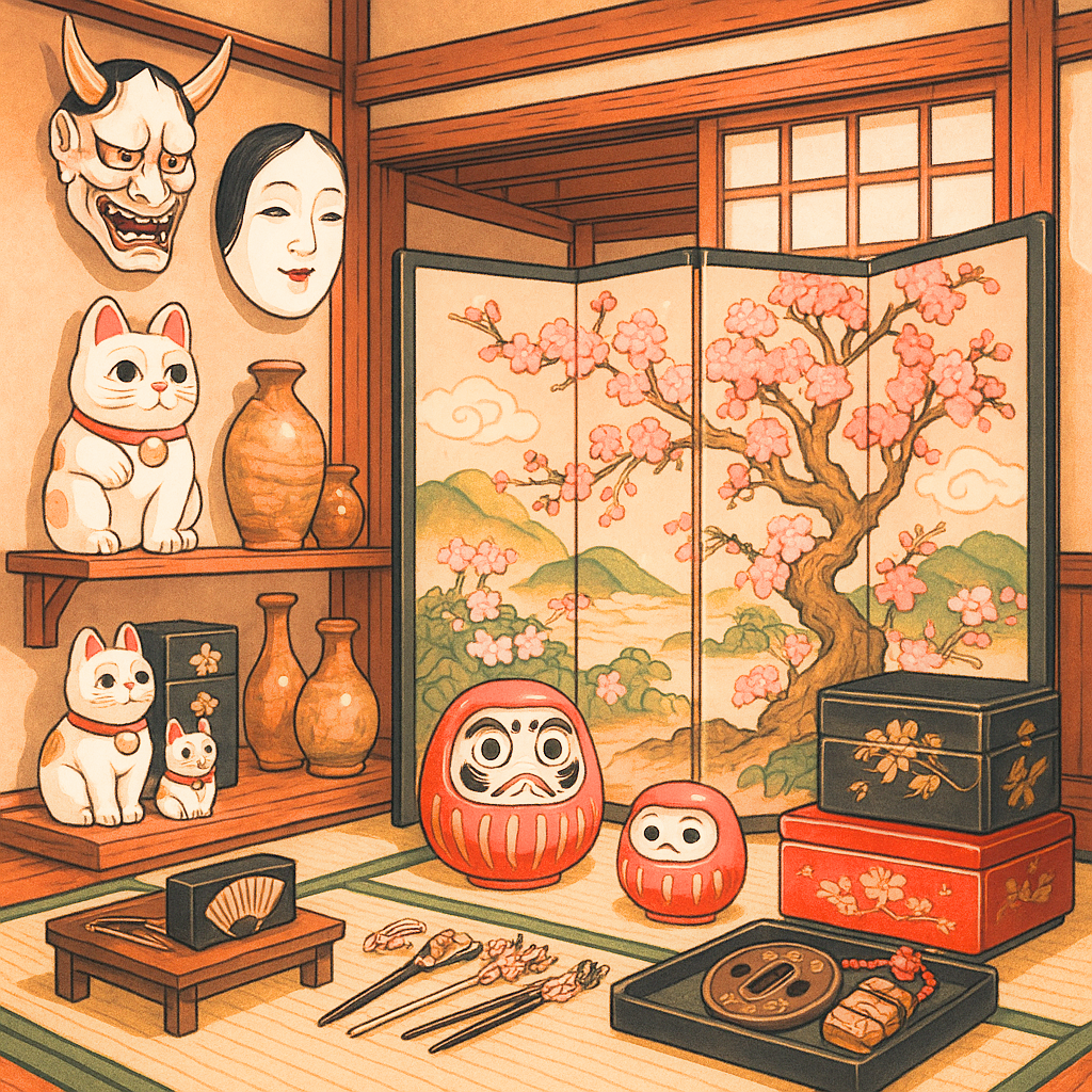 Ensemble d’objets décoratifs japonais exposés sur une étagère, incluant un maneki-neko en céramique, un masque Nô suspendu, des tokkuri et céramiques traditionnelles, créant une ambiance harmonieuse et raffinée.