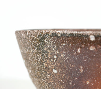 Détail du chawan Shigaraki montrant la transition entre hi-iro rouge brun, zone sombre yōhen et dépôts de cendre