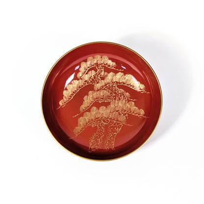 coupelle japonaise en laque véritable urushi décor maki-e doré motif pin matsu shochikubai