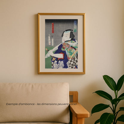 Estampe japonaise originale de Kunichika présentée encadrée dans un intérieur, exemple de décoration murale avec une authentique ukiyo-e.