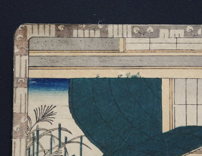 Détail de l’architecture et du décor intérieur japonais dans une estampe ancienne de l’époque Edo par Toyokuni III