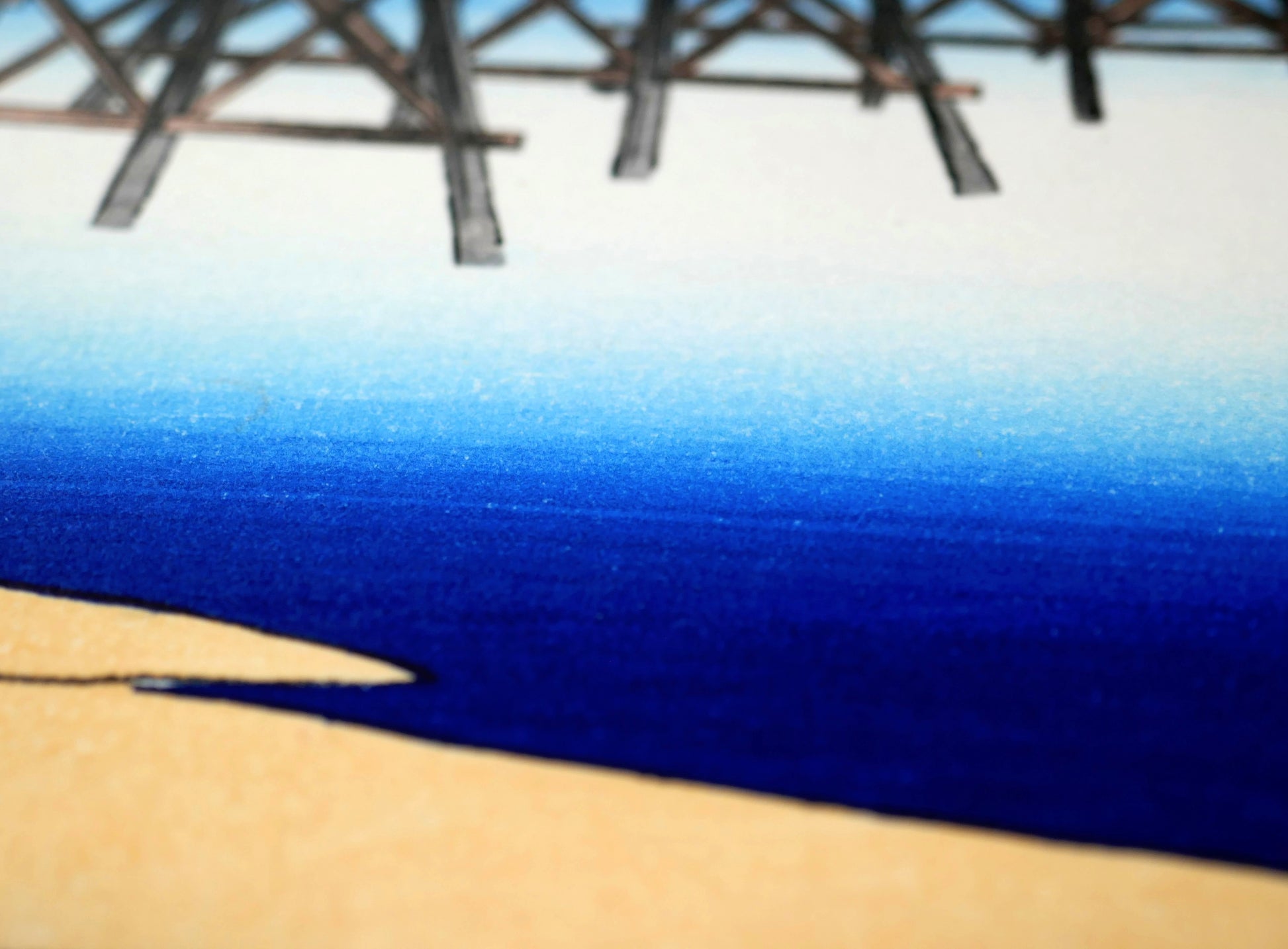 Détail du dégradé bleu bokashi de la rivière Yahagi dans l’estampe Hiroshige Okazaki, gravure sur bois japonaise des 53 stations du Tōkaidō