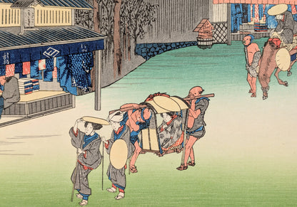 Détail central de l’estampe japonaise Hiroshige à Narumi-juku avec kago, voyageuses et porteurs sur la route du Tōkaidō