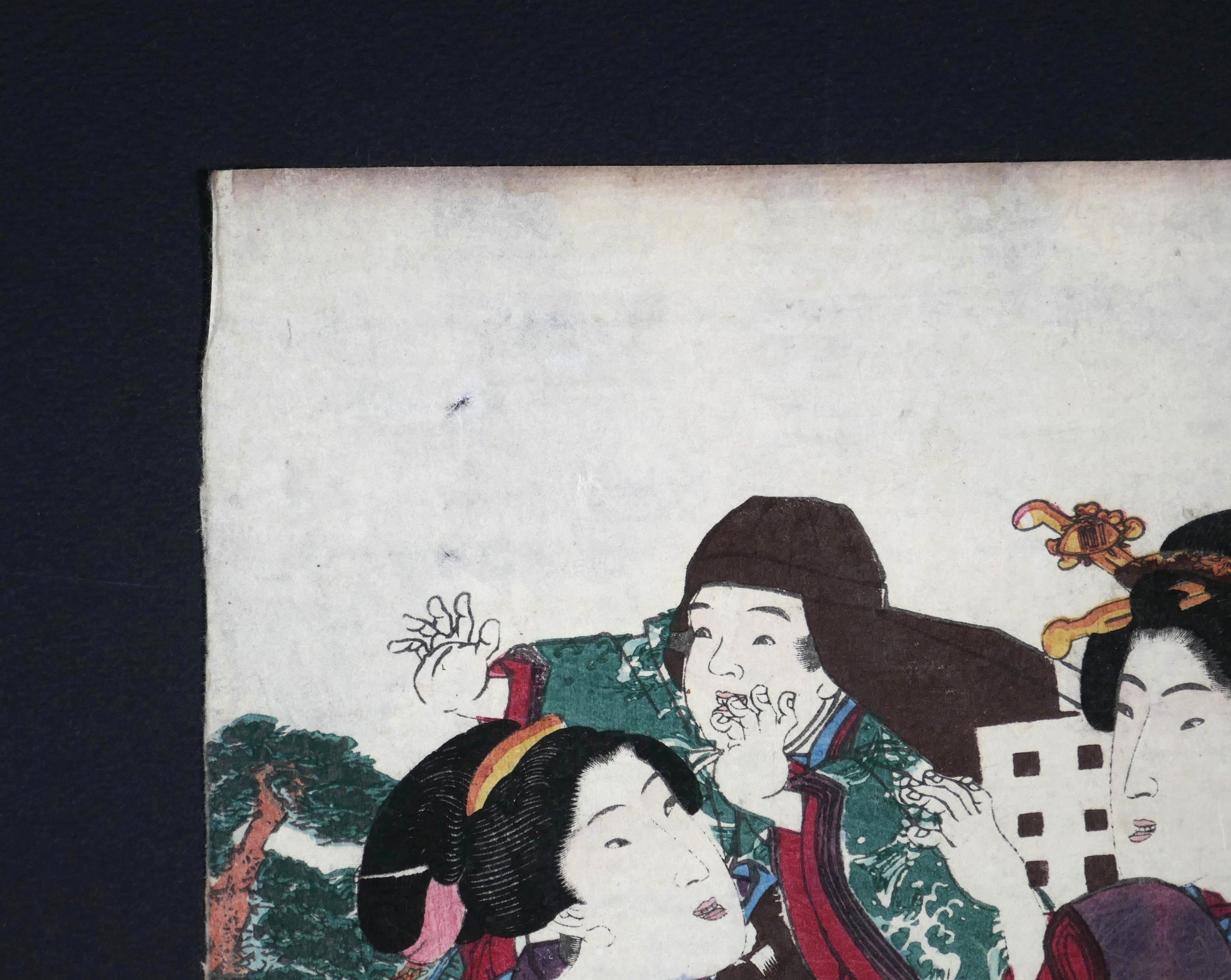Détail de l’enfant et des femmes en kimono sur une estampe japonaise ancienne originale par Kunisada
