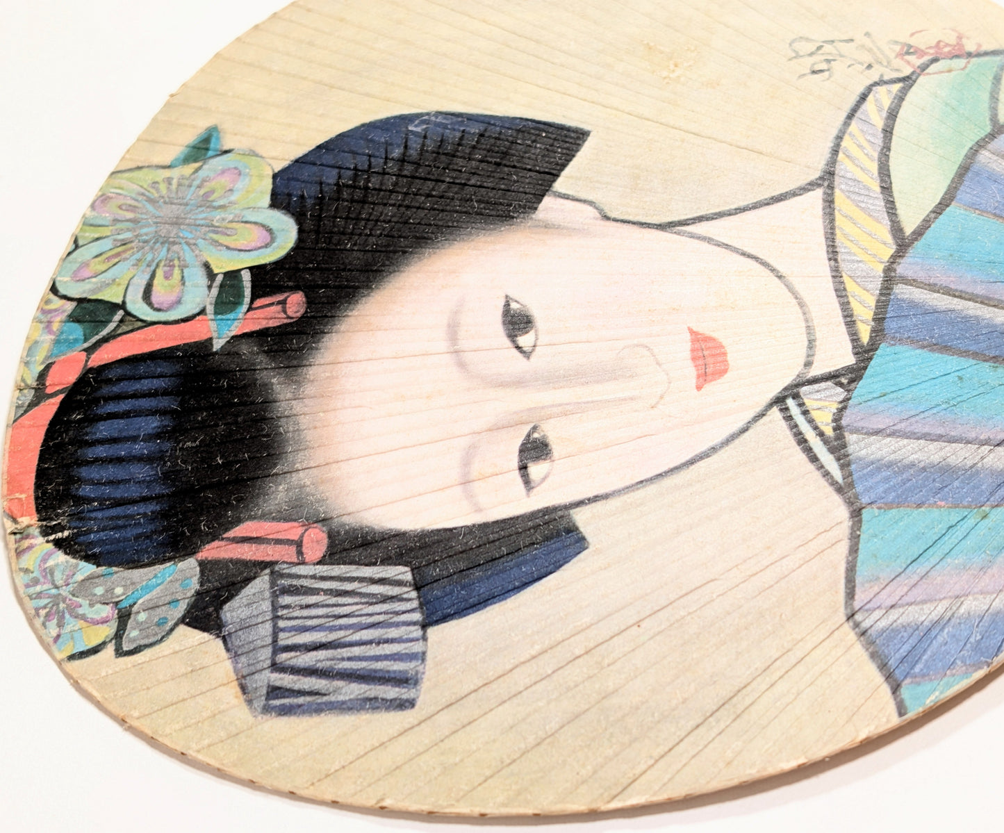 Eventail Uchiwa japonais vintage 団扇 – 300 ans de Mitsukoshi 三越 – Motif Bijin en kimono