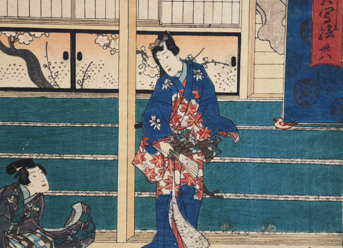 Détail du probable Genji en kimono bleu à motifs de momiji, dans une estampe japonaise originale de Kunisada illustrant le chapitre Suzumushi du Dit du Genji