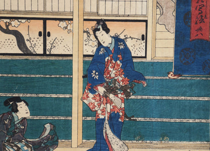 Détail du probable Genji en kimono bleu à motifs de momiji, dans une estampe japonaise originale de Kunisada illustrant le chapitre Suzumushi du Dit du Genji