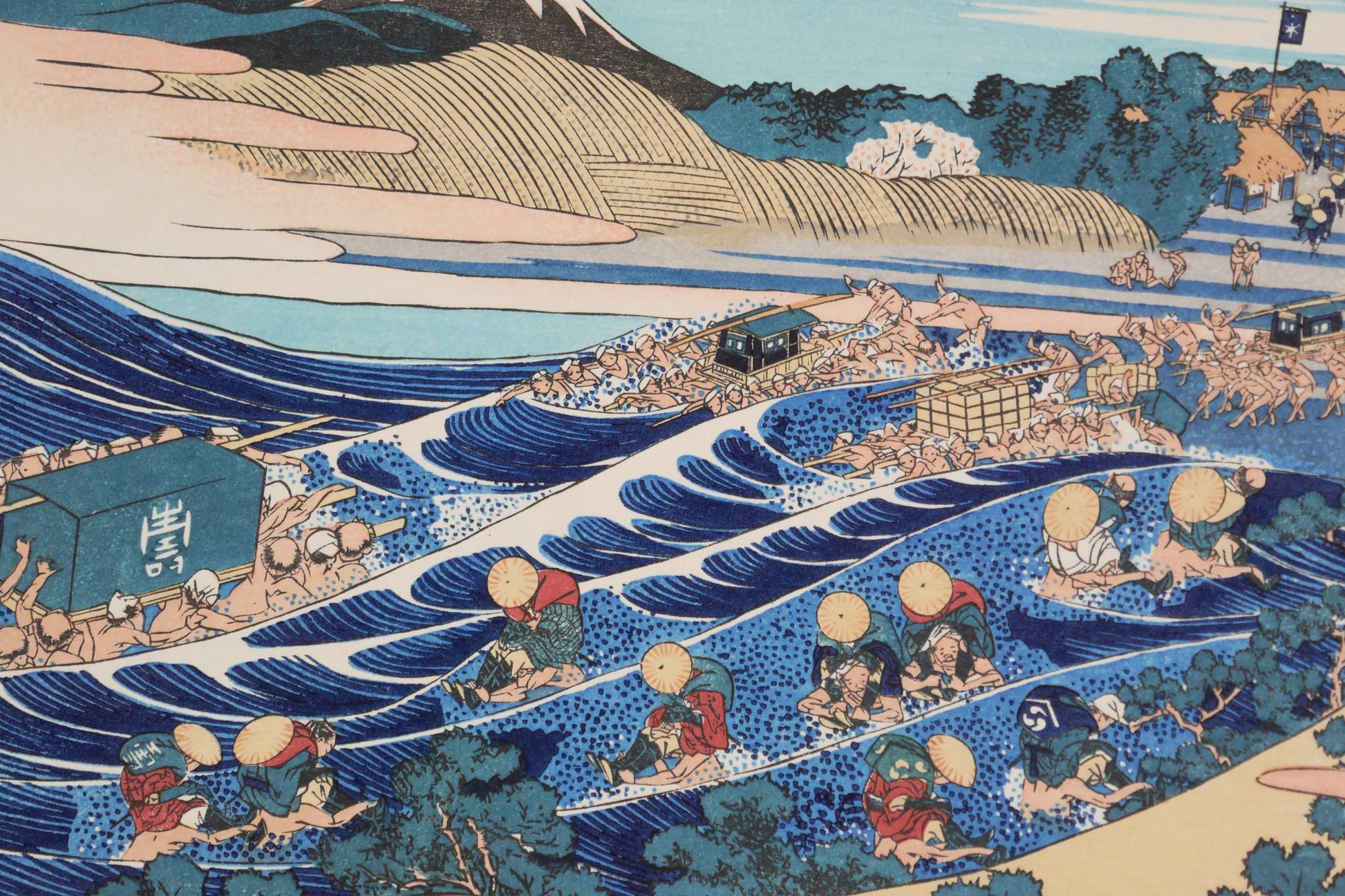 Détail de Tōkaidō Kanaya no Fuji par Hokusai, palanquins et porteurs traversant la rivière Ōi