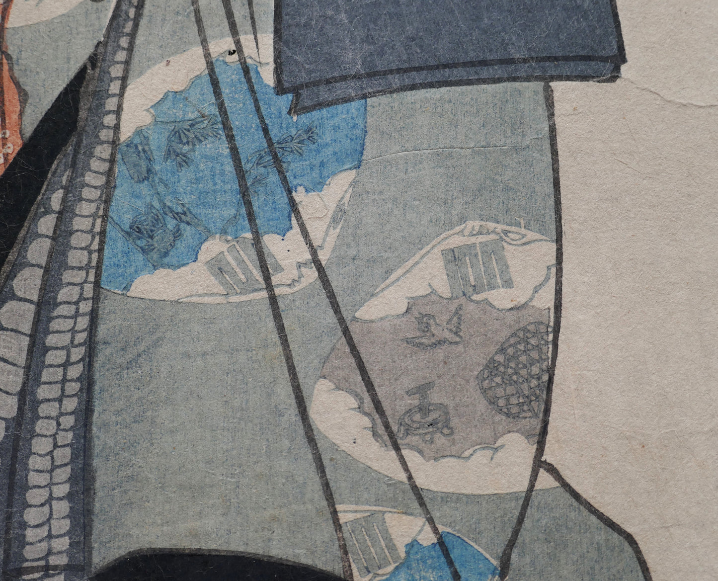 Détail du kimono d’un acteur kabuki dans une estampe japonaise yakusha-e de Toyokuni III période Edo