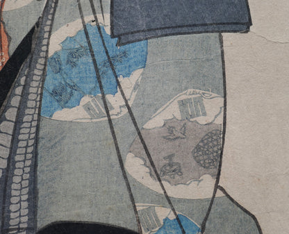 Détail du kimono d’un acteur kabuki dans une estampe japonaise yakusha-e de Toyokuni III période Edo