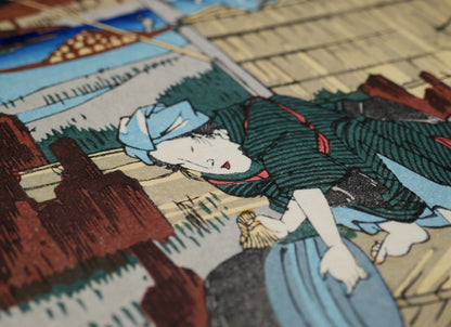 Détail mokuhanga d’une femme au bord de la rivière Karasu lavant un kama pour le riz, estampe japonaise ukiyo-e de Keisai Eisen, station de Kuragano