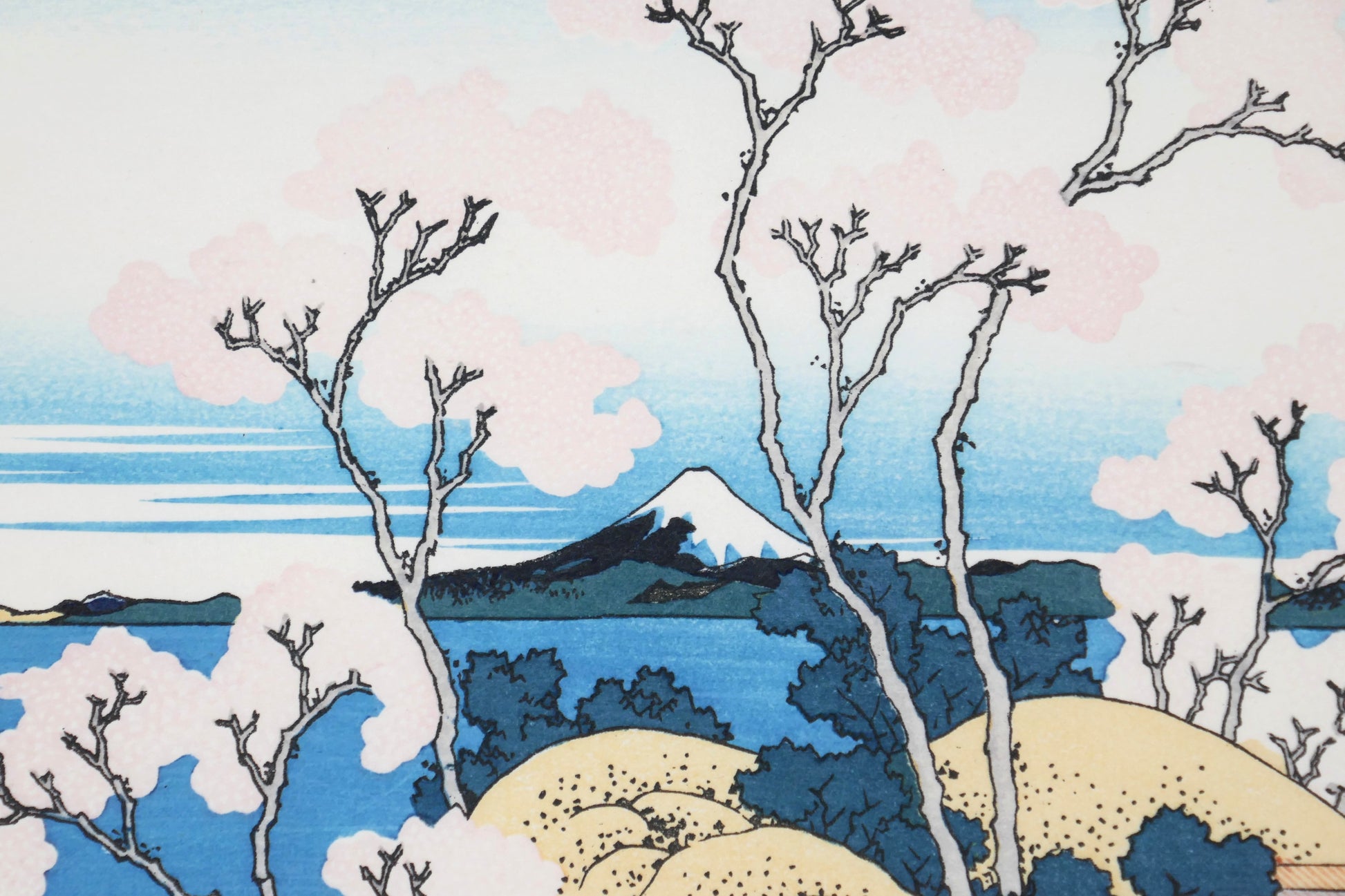 Détail Mont Fuji dans estampe japonaise Hokusai paysage ukiyo-e avec perspective et profondeur typique Edo