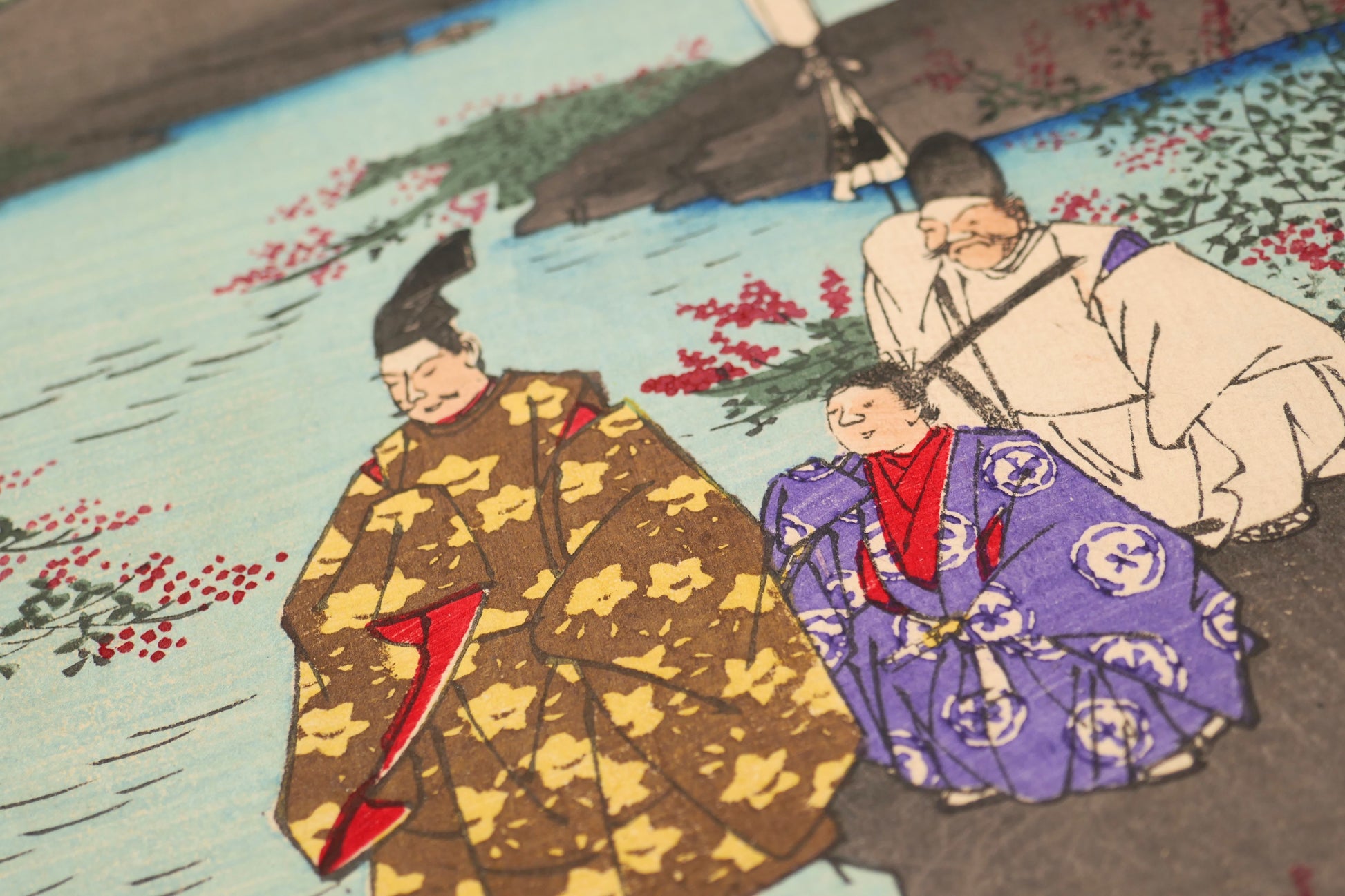 Détail de nobles japonais au bord de la rivière Tama de Noji, sur une estampe japonaise authentique d’après Hiroshige I, édition Meiji 1891.