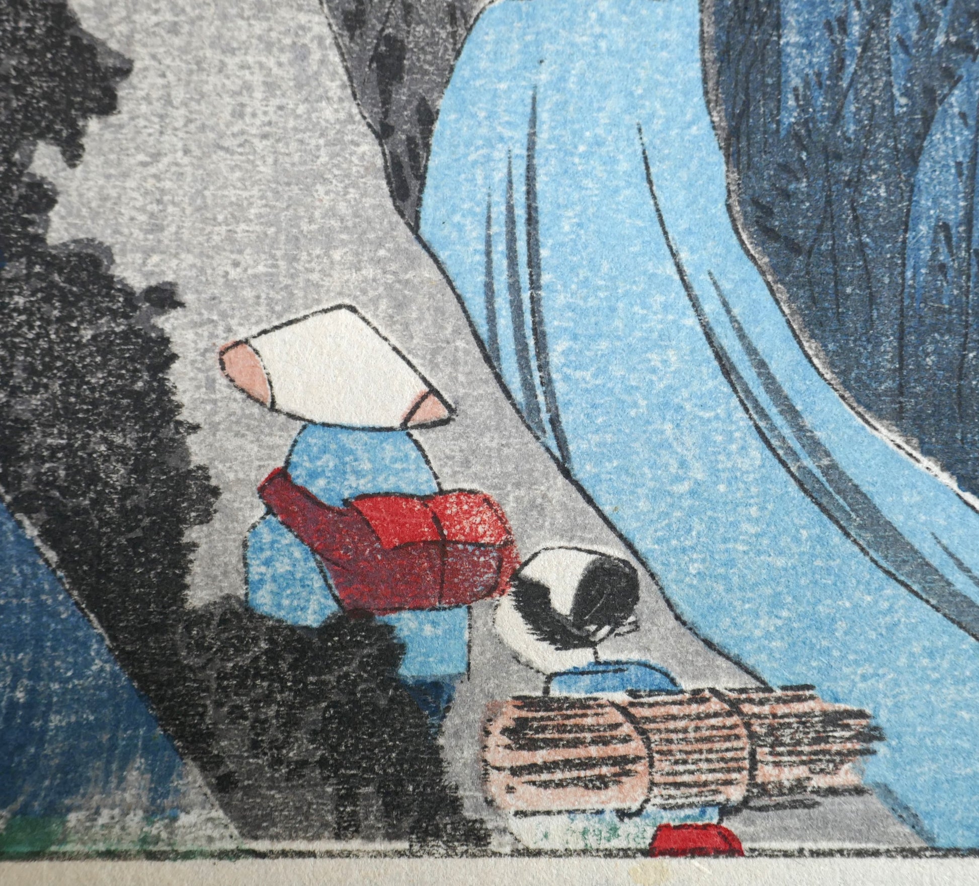 Détail de l’estampe japonaise montrant deux porteurs en bas du chemin, transportant des fagots et des paquets - œuvre de Hiroshige, station Okabe