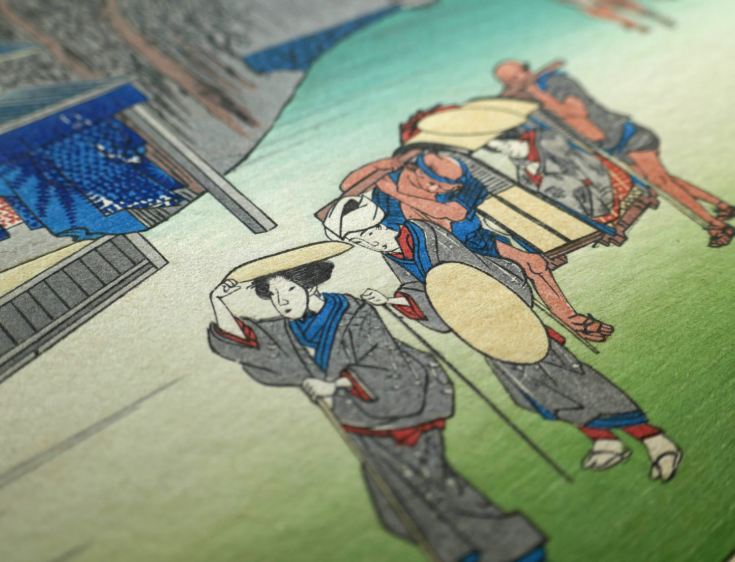 Détail des porteurs de kago et des voyageuses dans l’estampe japonaise de Hiroshige, Narumi-juku, série des 53 stations du Tōkaidō