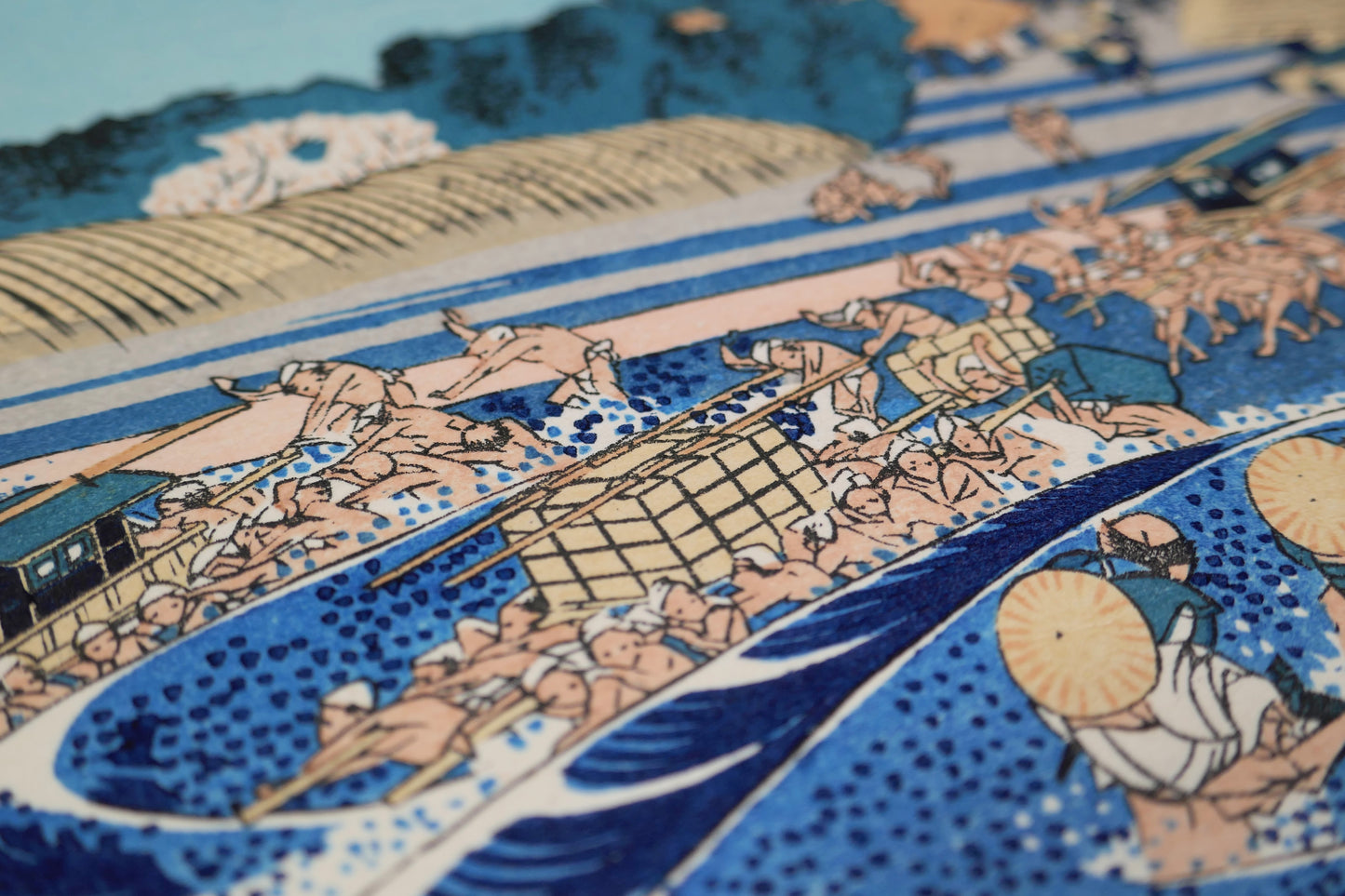 Détail des porteurs et palanquins sur le Tōkaidō à Kanaya, réédition Yuyudo authentique d’après Hokusai