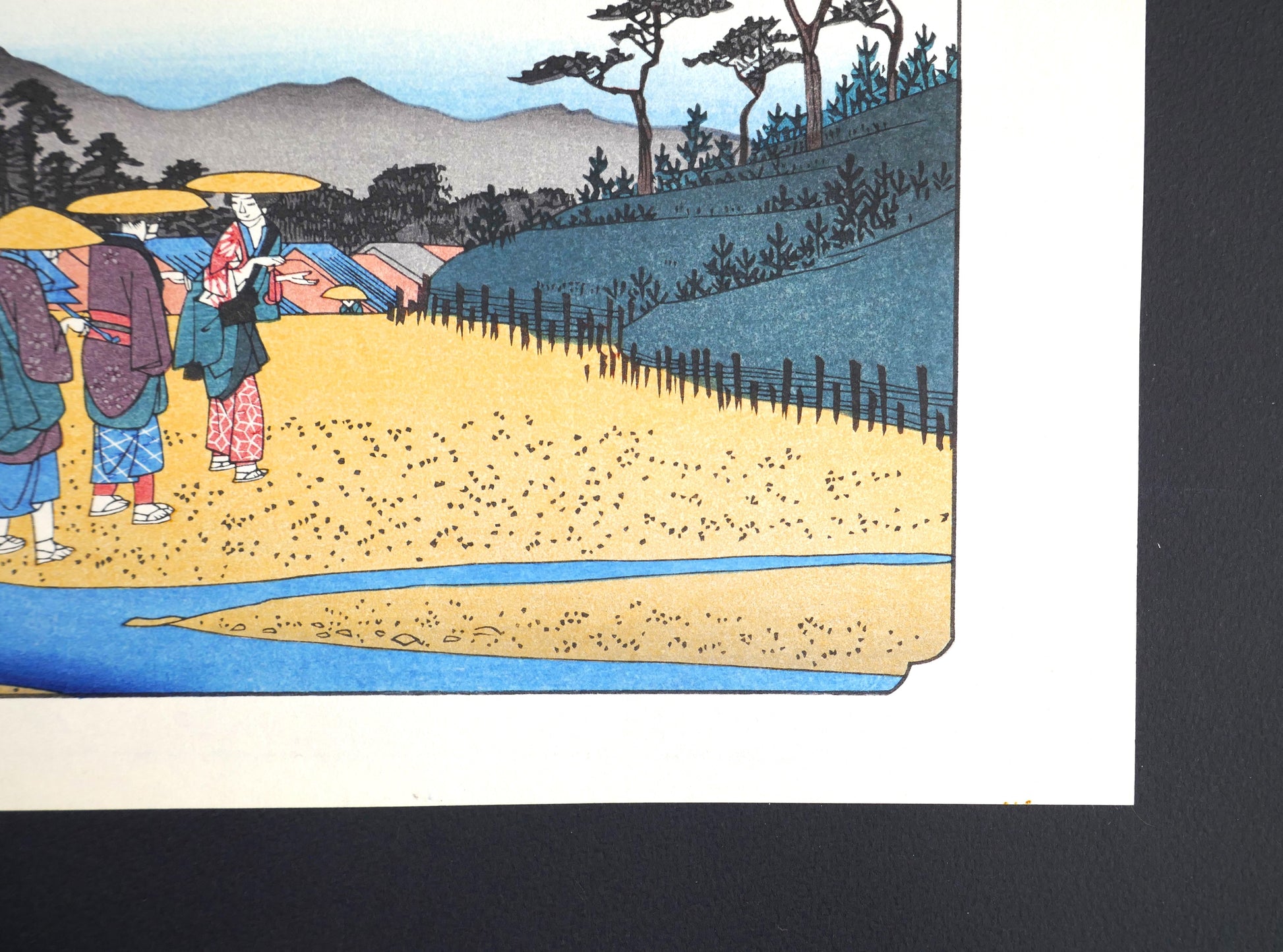 Scène de route et paysage sur estampe japonaise Kisokaidō par Hiroshige